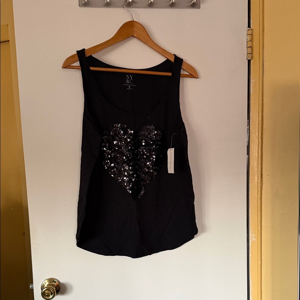 NY Collection Black Tank Top with Sequin Heart